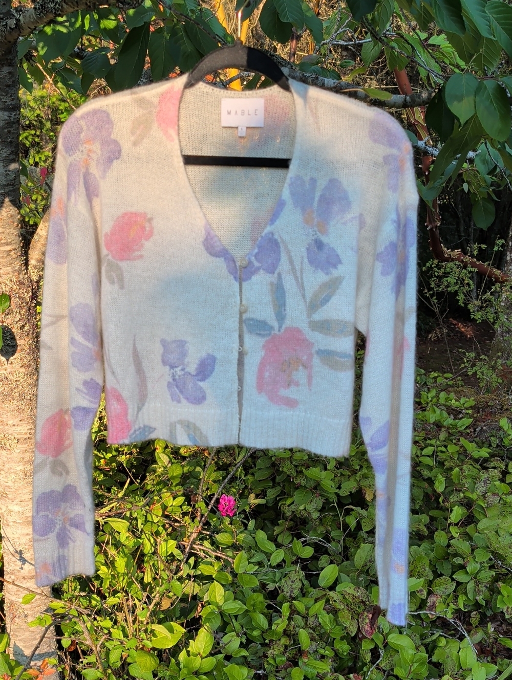 MARBLE Pastel Floral V-Neck Button-Front Sweater - Cream with Pink & Lavender